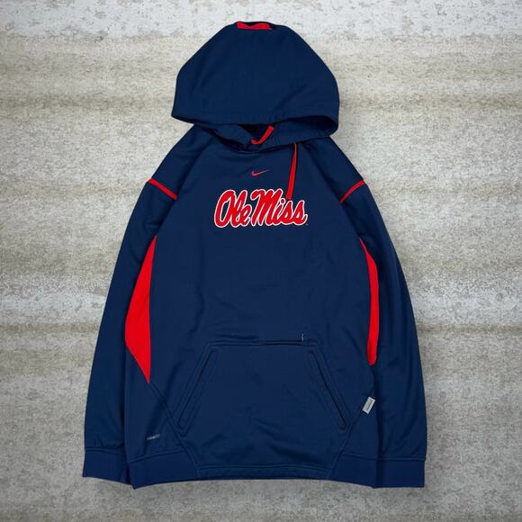 Ole Miss Nike Hoodie Navy Blue Polyester Pullover Red Center Swoosh - Picture 1 of 4